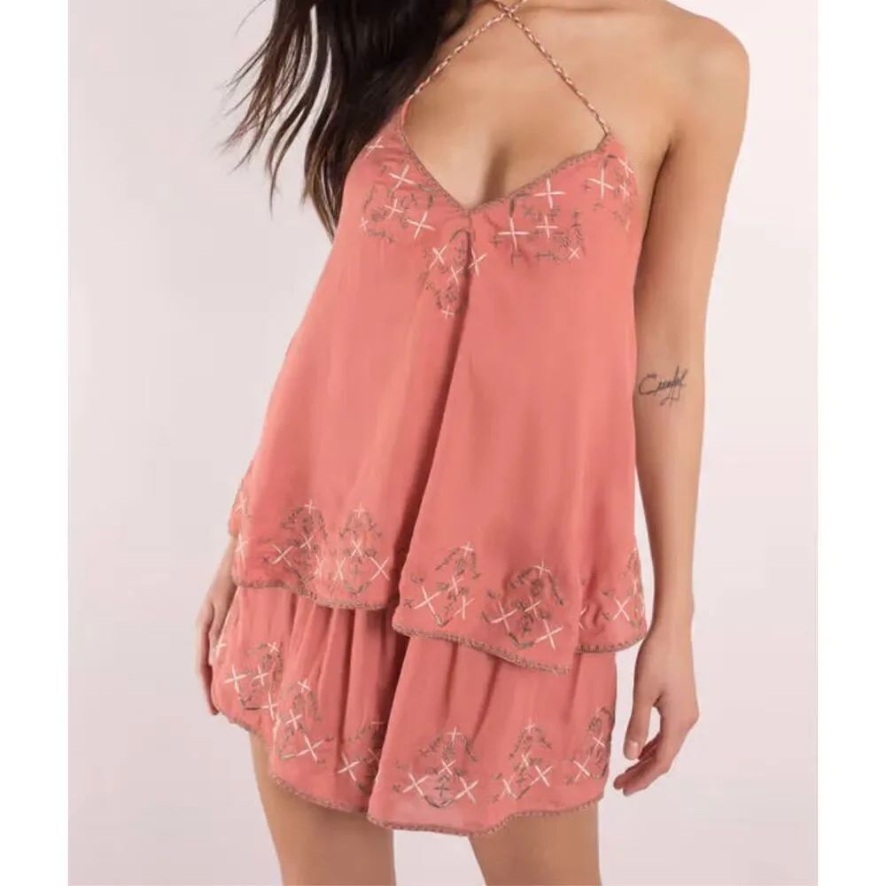 TJD Women’s Bohemian  DESERT ROSE CROSS HALTER ROMPER Salmon Embroidered Sz M